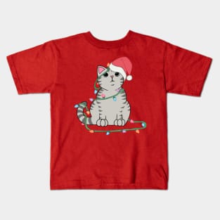 Gray Tabby Cat Christmas lights funny cat lover xmas hat Kids T-Shirt